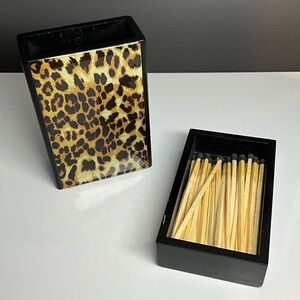 Leopard Print Matc Holder with wooden Box. Bottom Slides into box., New